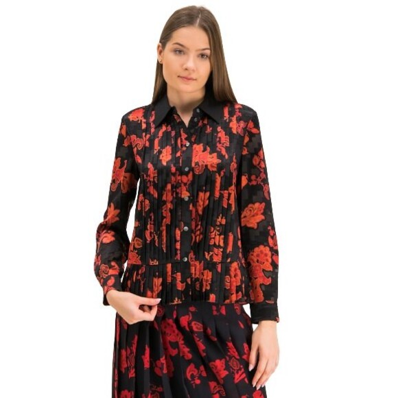 Tory Burch Printed Pleated Shirt Womens 4 Black Red Paisley Button Up $498 NWT - Picture 1 of 8